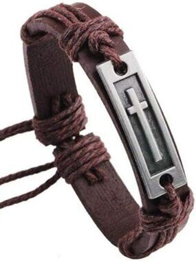 NEW Metal Cross with‎ Leather Bracelet Alloy Religious Jewelry for Women or Men